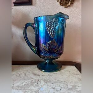 Vintage Indiana Carnival Glass Pitcher Blue Harvest Grape Vine Iridescent